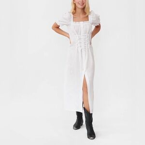 Sleeper Solid White Marquise Corset Linen Dress Midi Lace Up Front/Back